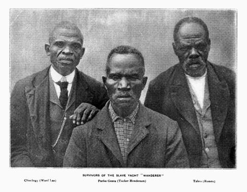 Early black-and-white photograph of three Black men in nice shirts and coats, one with his hand resting on another’s shoulder. Text at the bottom reads, SURVIVORS OF THE SLAVE SHIP “WANDERER” and their names.