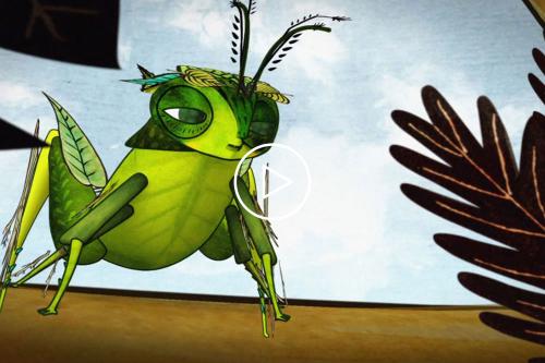 A film still of a watercolor animation of a cricket winking. On top of the image is a play symbol.