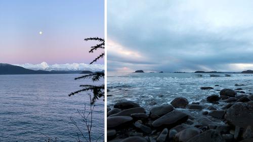 Two photos of icy blue seascapes, including a moon glowing at dusk over snowy mountains.
