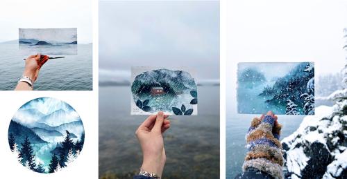 Three photos of cold seascapes, each with a hand holding up a watercolor illustration of the same scene. In the lower left corner, an illustration shows pine trees in front of a body of water and mountains.