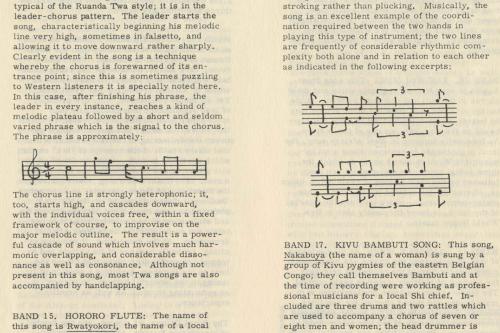 Excerpt of liners notes, showing two examples of Western musical notation among the text.