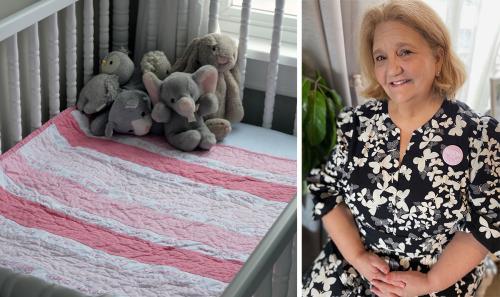 Two photos side by side. On the left, A pink and white striped quilt in a crib with gray stuffed animals. On the right, a woman poses with hands clasped, wearing a blue and white blouse and a pink button that says GRANDMA.