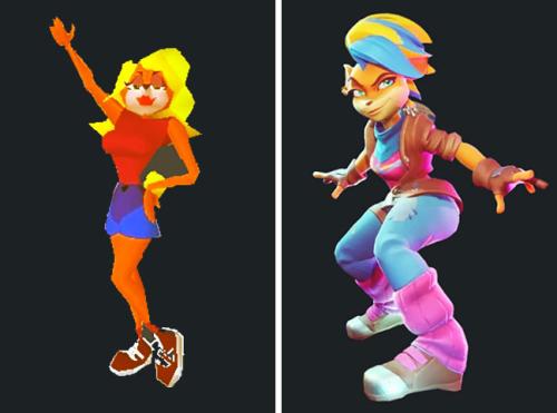 Two versions of the same animated character side by side. On left, more pixelated, an anthropomorphic animal with long blonde hair, a tight red shirt, and short blue skirt, posing with one arm raised and one akimbo. The more modern one, less pixelated, we