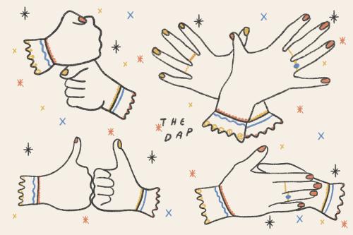 Four pairs of hands in a series of handshake gestured, labeled The Dap: fists touching top to bottom; fingers splayed, making contact at the thumbs; each doings thumbs-up, knuckle-to-knuckle; and sliding palms against each other. 