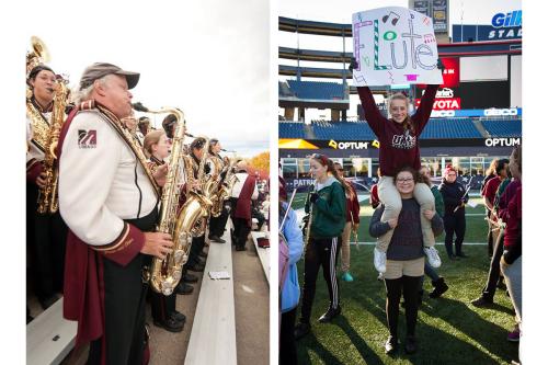Two photos side by side. On the left, an older man plays saxophone along with other, much younger, members of the marching band. On the right, a young woman holds up a hand-drawn sign for FLUTE, sitting on the shoulders of a bandmate, on a field surrounde