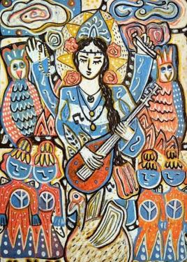 Painting of a woman goddess figure holding a lute, surrounded by other stylized figures in orange, blue, and yellow.