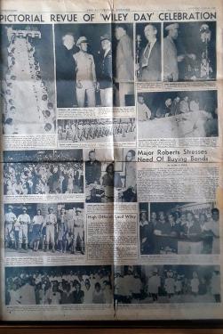 Newspaper clipping headling reads: PICTORIAL REVUE OF 'WILEY DAY' CELEBRATION. Several black-and-white photos of people in uniforms and captions that are too small to read.