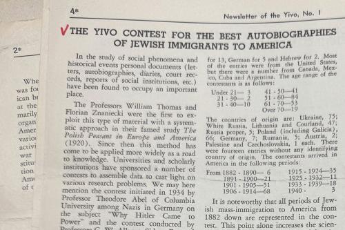 An excerpt from an old print newsletter, Newsletters of the Yivo, No. 1. The headline is: The Yivo Contest for the Best Autobiographies of Jewish Immigrants to America.