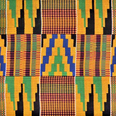 Kente cloth weaving in yellow, black, green, blue, and red geometric designs.
