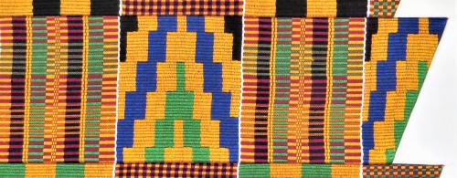Kente cloth weaving in yellow, black, green, blue, and red geometric designs. 