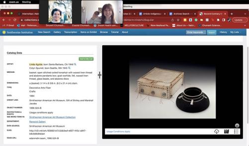 Screenshot of a Zoom meeting, with an archival image of a basket screenshared and two participants.