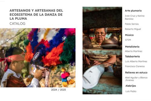 Catalog cover with photo of a person holding up a multicolored feather crown. Title in Spanish: Artesanos y Artesanas del ecosistema de la danza de la pluma catalog. An interior page shows a photo of a shoe maker in his workshop and list of craft categori