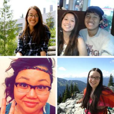 Grid of four portrait photos: three are young women, one is a brother and sister.
