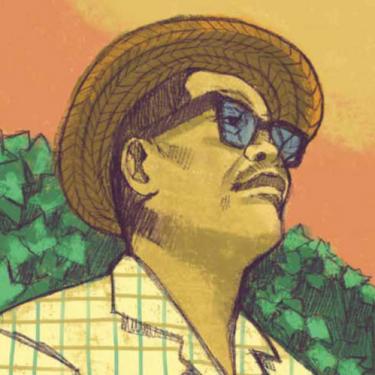 Color illustration of a man wearing blue-tinted glasses, straw hat, and yellow collared shirt.