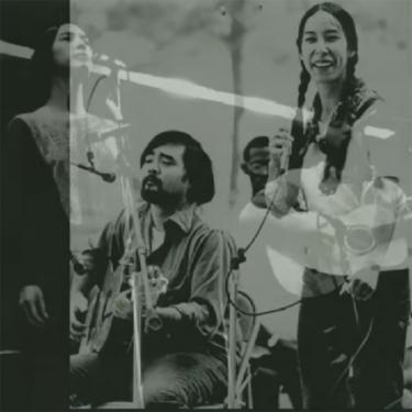 Two images of two people playing guitar and singing, overlaid on top of each other.
