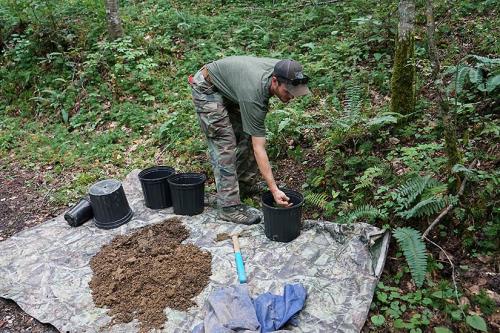 A man wearing camouflage pants and a baseball cap leans over a black plant pot. The pot is on a tarp in the woods that also holds four additional pots and a pile of dirt. 