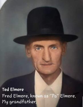 A painting of a man wearing a black top-hat. Written in white text on the bottom left corner: Ted Elmore / Fred Elmore, known as “Pa” Elmore. / My grandfather. 