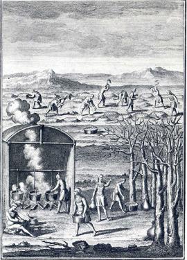 In the foreground of this outdoor scene several women carry pots and prepare food while a group of men till the earth in the background. Black and white drawing. 