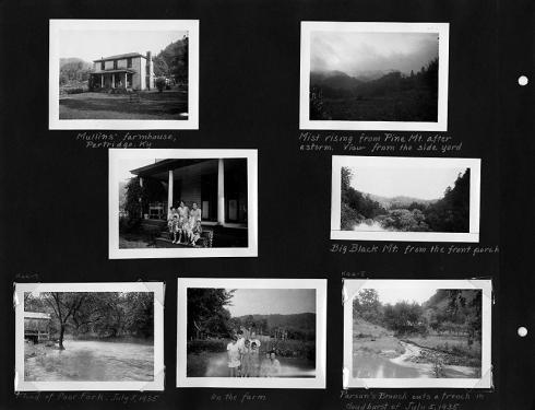 Seven individual Black-and-white photographs of landscapes and a family. Six of the photos have handwritten captions. 