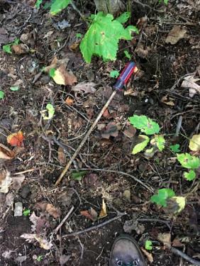 A long, dirty screwdriver lies on the dirt ground. There are a few green leafy plants and the toe of a black boot in the bottom of the frame. 