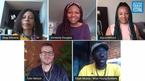 Screenshot of a virtual event with five people in separate locations.