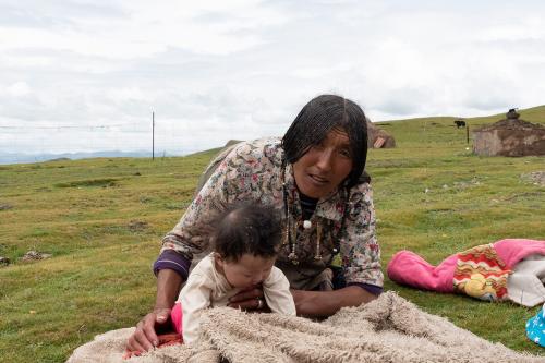 ཚེ་རིང་མཚོ་ཡིས་བྱིས་པ་གཉོར་སྐྱོང་བྱེད་བཞིན་པ།མཚོ་སྔོན་ཞིང་ཆེན།