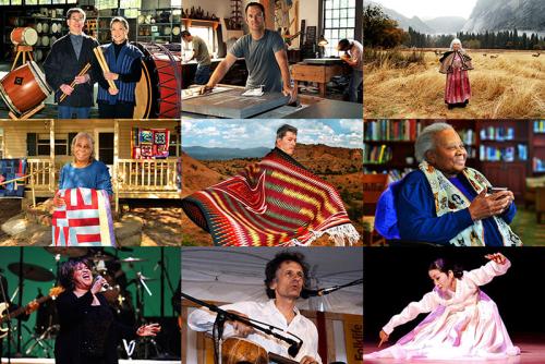 Collage of nine photos in a grid, each showing an artist in action: dancing, playing an instrument, etc.