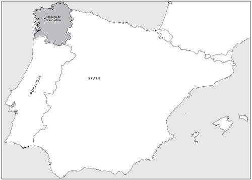 A black-and-white map of the Iberian Peninsula, showing Portugal, Spain, and a darkened region at the northern tip.