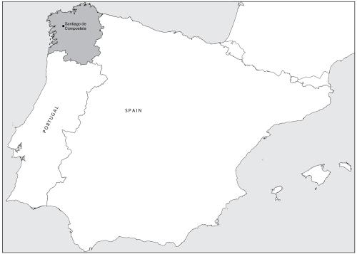 A black-and-white map of the Iberian Peninsula, showing Portugal, Spain, and a darkened region at the northern tip. The city of Santiago de Compostela is marked with a dot in the dark region.
