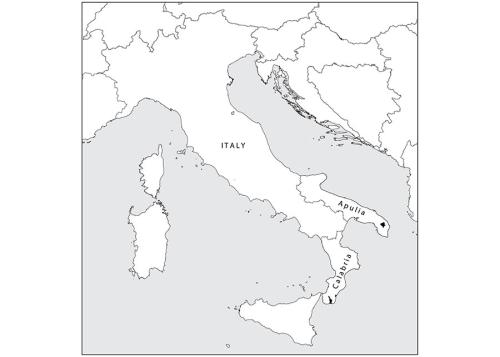 A black-and-white map of Italy, with designations for Calabria at the toe and Apulia at the heel of the boot shape. There are small black areas within each of the two regions.