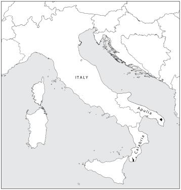 A black-and-white map of Italy, with designations for Calabria at the toe and Apulia at the heel of the boot shape. There are small black areas within each of the two regions.