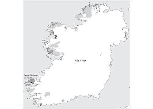 A black-and-white map of Ireland with regions in light gray, mostly along the western coast, and a southwest area in dark gray marked Corca Dhuibhne. It contains a city marked Dingle.