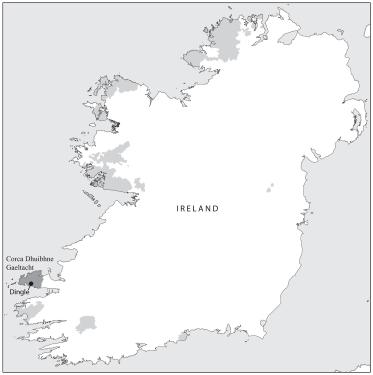 A black-and-white map of Ireland with regions in light gray, mostly along the western coast, and a southwest area in dark gray marked Corca Dhuibhne. It contains a city marked Dingle.