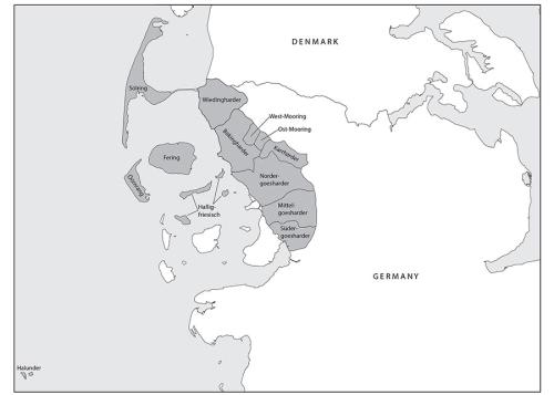 A black-and-white map of northern Germany and southern Denmark. Northwestern coastal and island regions of Germany are marked in gray: Solring, Wiedingharder, Bokingharder, West-Mooring, Ost-Mooring, Karrharder, Fering, Oomrang, Halligfriesisch, Nordergoe
