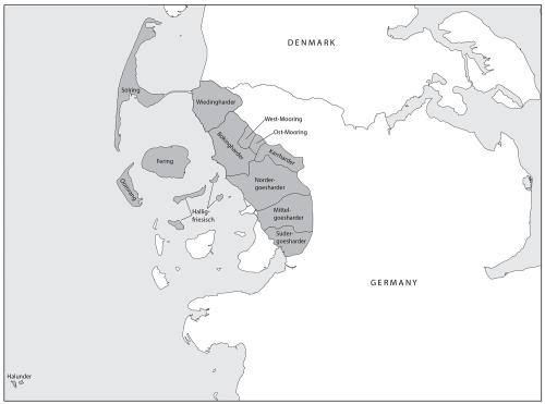 A black-and-white map of northern Germany and southern Denmark. Northwestern coastal and island regions of Germany are marked in gray: Solring, Wiedingharder, Bokingharder, West-Mooring, Ost-Mooring, Karrharder, Fering, Oomrang, Halligfriesisch, Nordergoe