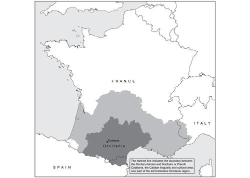 A black-and-white map of France with Italy to the east and Spain to the south. At the Spanish border if a dark gray region marked Occitanie, containing the city Toulouse, surrounded by a lighter gray region that spreads from the west coast into Italy. The