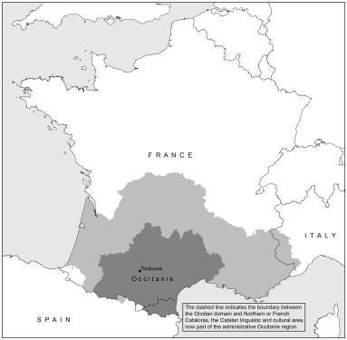A black-and-white map of France with Italy to the east and Spain to the south. At the Spanish border if a dark gray region marked Occitanie, containing the city Toulouse, surrounded by a lighter gray region that spreads from the west coast into Italy. The