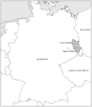 A black-and-white map of Germany with Poland and Czech Republic to the east. At the Polish border are two regions in gray: Lower Sorbian and Upper Sorbian.