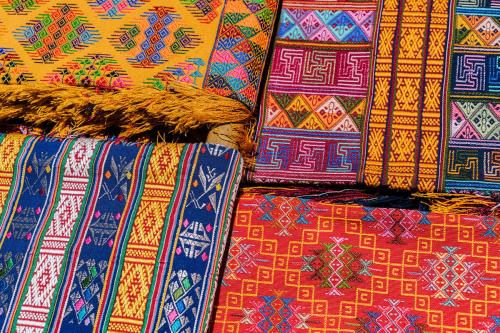 Traditional Bhutanese textiles on display at the shop at Gagyel Lhundrup Weaving Center, a private weaving enterprise in Thimphu, Bhutan.