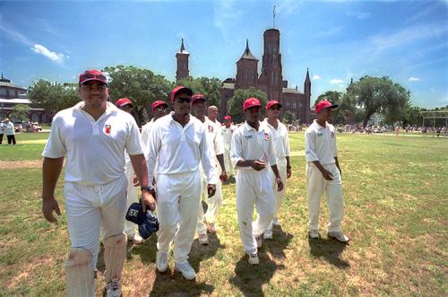 Bermuda participants play cricket at the 2001 Smithsonian Folklife Festival.