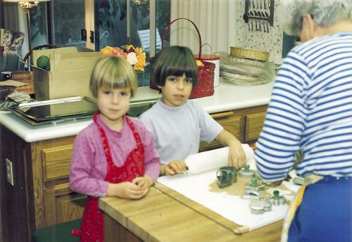  My sister and I rolling out <em>pepparkakor</em> (very thin ginger snaps) with our grandmother, circa 1992.