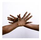 Closeup on two hands from opposite sides, connecting at the thumbs as if about to shake.