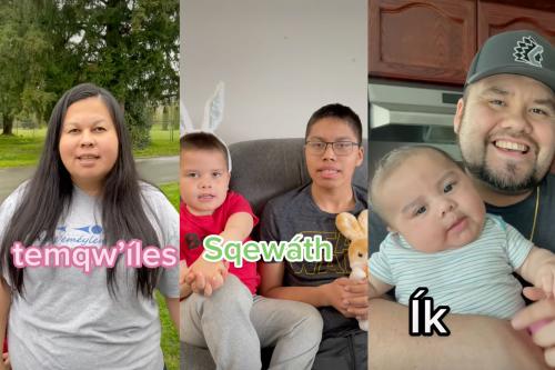 Three stills of social media posts. One woman, one of a young adult and chile, and one of a man and infant with Halqemeylem words in bright letters
