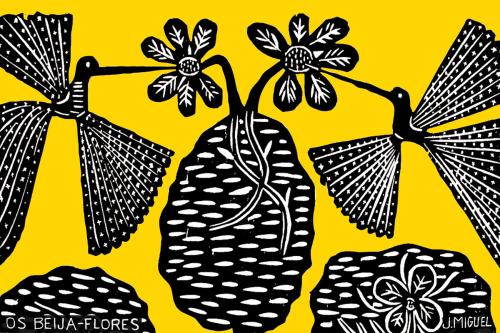 Digitized block print of black and white birds, flowers, and tree on a bright yellow background. In the bottom left corner is the name of the artwork, “Os Beija-Flores,” and in the bottom right corner is the artist’s name.