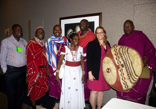 Paul Meliera, Benson Leyian, John Kamanga, Agnes Lunkat, Stephen Moiko, Sally Van de Water, and Johnson Ole Sipitiek at the intangible cultural heritage symposium. Photo by Akea Brown