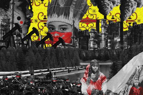 “nəwewəčəskawikαpáwihtawα” (“I stand to face and challenge him”). Art by Lokotah Sanborn (Penobscot)