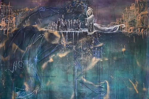 Abstract painting in deep blues, gold streaks, and white outlines of humanlike figures. The most prominent one looks like Death, carrying a scythe.