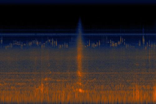 A spectrograph image shows bands of orange and blue across the bottom and middle. The top is mostly black, representing an absence of loud at that volume. In the center is a more definite block of orange, from when a car passed by.
