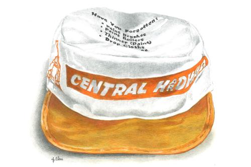 Photo-real illustration of an orange and white Central Hardware cap, with text on the top: Have you forgotten: paint brushes, paint rollers, thinner (paint), drop cloths.