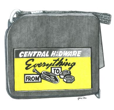 Illustration of a black tape measure with yellow label, readying Central Hardware, Everything from Scoop to Nuts.